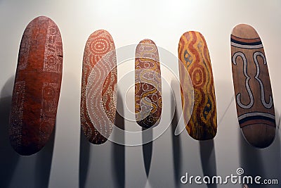 Aboriginal shields exhibited at the South Australian Museum in Adelaide. Editorial Stock Photo